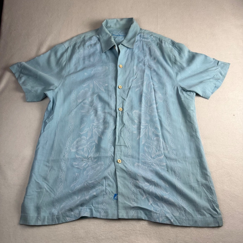 Tommy Bahama Mens Large Light Blue 100% Silk Embroidered Floral Camp Shirt